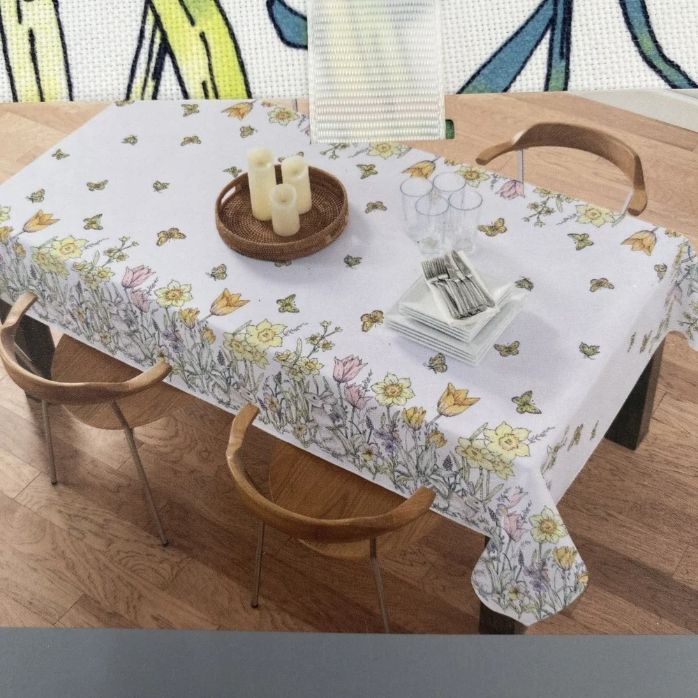 Rachel Ashwell Tablecloth 60x120 White Spring Easter Bunny Rabbit Floral Tulips